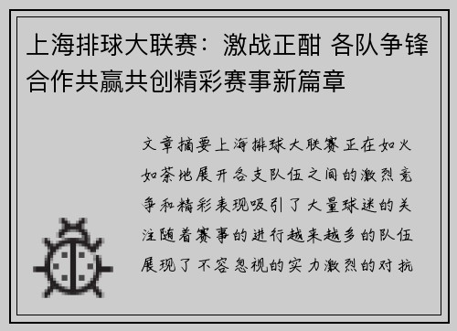 上海排球大联赛：激战正酣 各队争锋合作共赢共创精彩赛事新篇章