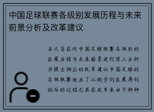 中国足球联赛各级别发展历程与未来前景分析及改革建议