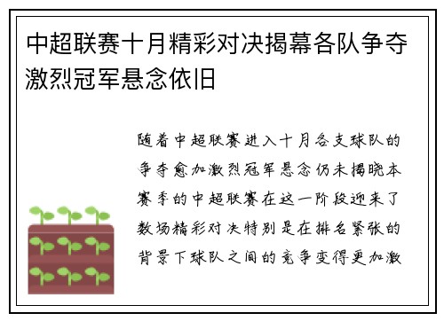 中超联赛十月精彩对决揭幕各队争夺激烈冠军悬念依旧