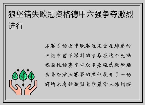 狼堡错失欧冠资格德甲六强争夺激烈进行