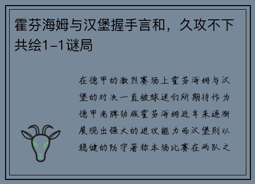 霍芬海姆与汉堡握手言和，久攻不下共绘1-1谜局